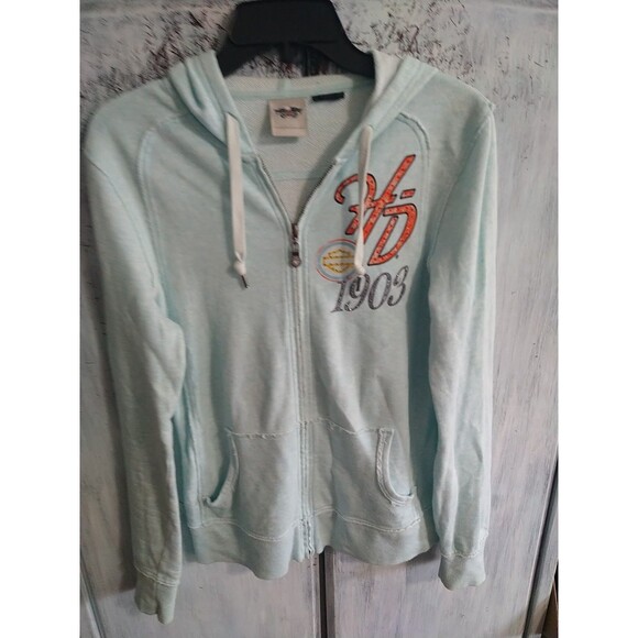 Harley-Davidson Rhinestone Hooded Jacket Blue Medium Motorcycle Y2K - Picture 6 of 15